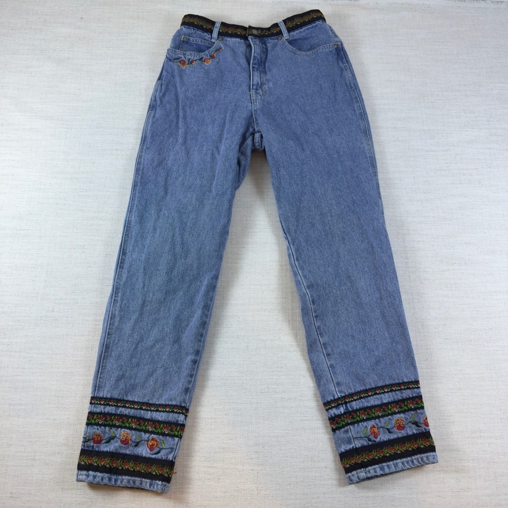 Vintage High Waisted Floral Embroidered Straight Leg Jeans Medium Wash size 10